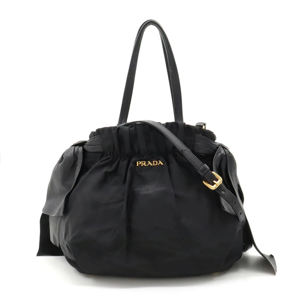 Prada Side Ribbon 2way Shoulder Bag Gathered Leather NERO Black